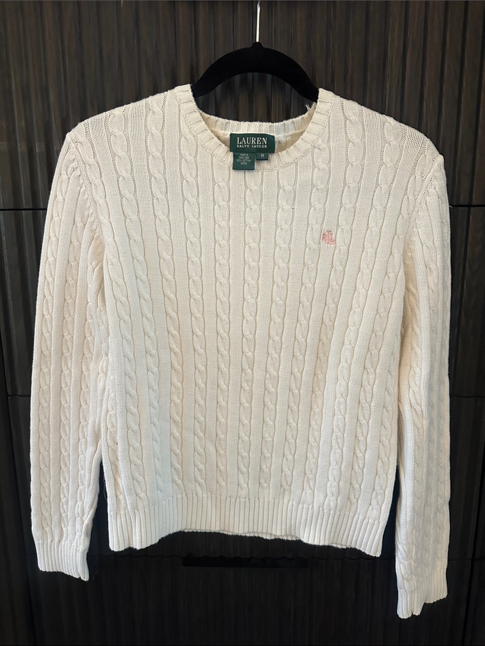 Vintage Ralph Lauren Cream Cable Knit Sweater with Pink Logo